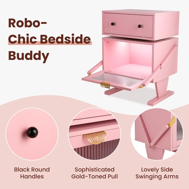Alt view image 4 of 7 - Nightstand with LED Strips, End Table with 360° Rotating Drawer Bedside Table with Glass Door Storage Night Stand