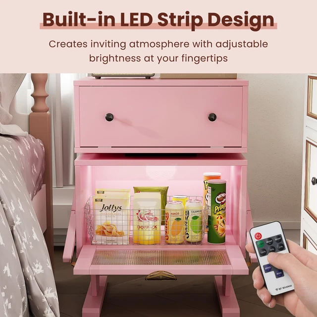 Alt view image 3 of 7 - Nightstand with LED Strips, End Table with 360° Rotating Drawer Bedside Table with Glass Door Storage Night Stand