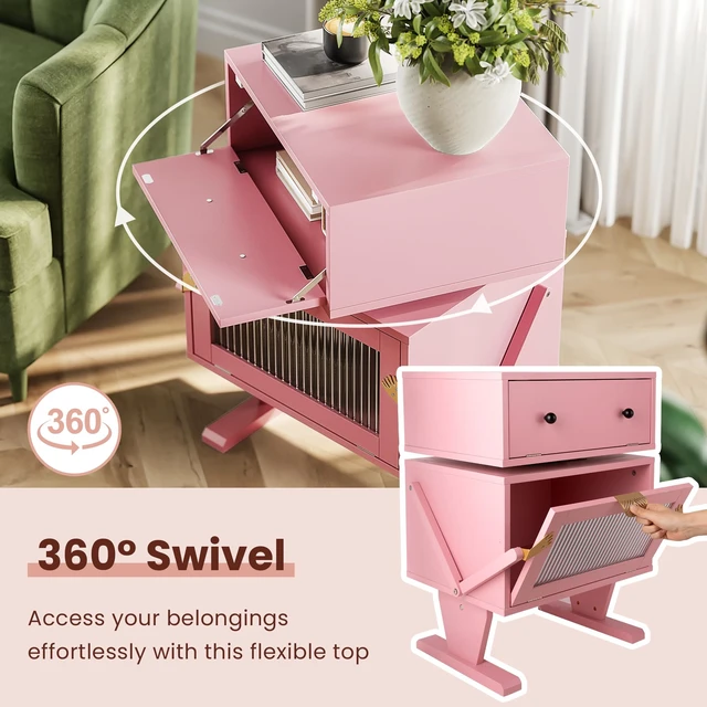 Alt view image 6 of 7 - Nightstand with LED Strips, End Table with 360° Rotating Drawer Bedside Table with Glass Door Storage Night Stand