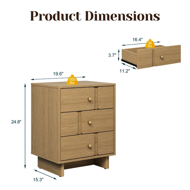 Alt view image 2 of 7 - Professional 3 Drawer Nightstand Solid Construction, Load Capacity Storage Organizer for Living Space Oak Finish