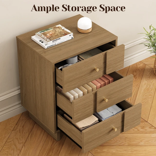 Alt view image 3 of 7 - Professional 3 Drawer Nightstand Solid Construction, Load Capacity Storage Organizer for Living Space Oak Finish