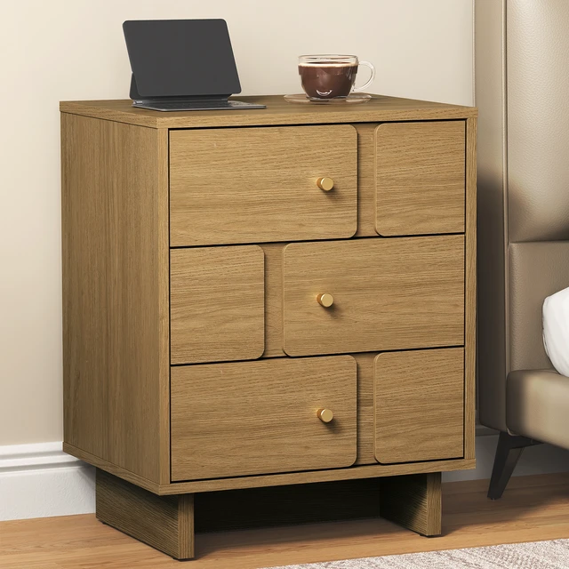 Alt view image 6 of 7 - Professional 3 Drawer Nightstand Solid Construction, Load Capacity Storage Organizer for Living Space Oak Finish