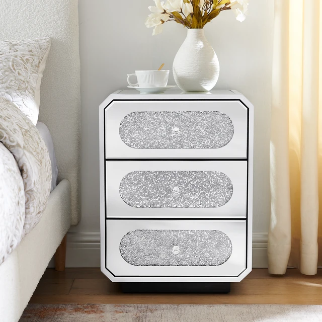 Alt view image 2 of 7 - Mirrored Nightstand with 3 Drawers, End Table with Crystal Handles Bedside Table for Living 17.7 Inch 13.8 Inch