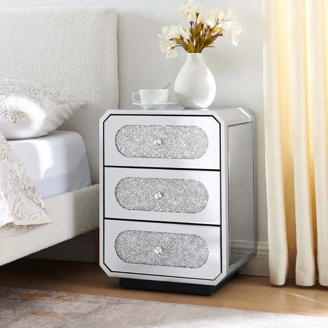 Alt view image 3 of 7 - Mirrored Nightstand with 3 Drawers, End Table with Crystal Handles Bedside Table for Living 17.7 Inch 13.8 Inch