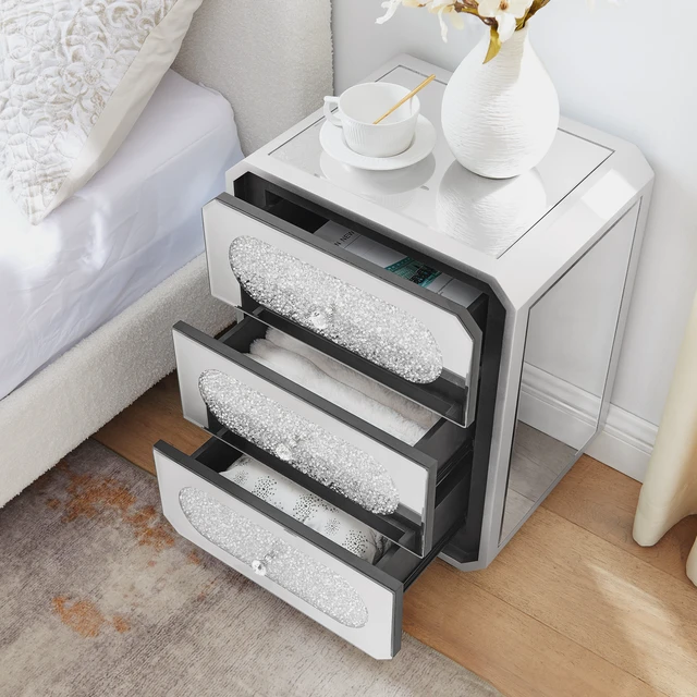 Alt view image 4 of 7 - Mirrored Nightstand with 3 Drawers, End Table with Crystal Handles Bedside Table for Living 17.7 Inch 13.8 Inch