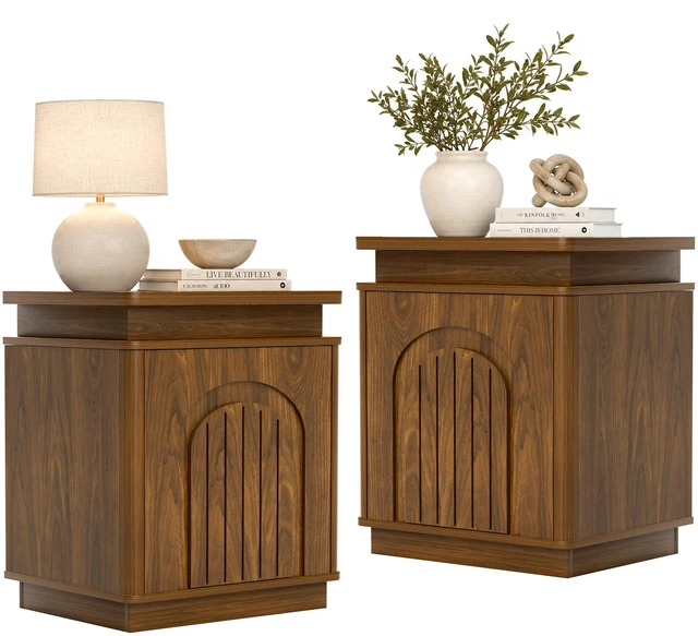 Main image of Two Piece Nightstand Set with Arched Recesses, Storage Cabinets with LED Lighting Ample Storage Space and Magnetic Push