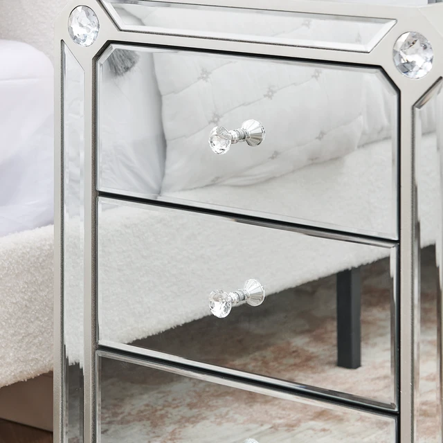 Alt view image 2 of 3 - Gold Mirror Three Drawn Cabinet, End Side Table Mirrored Nightstand Mirrored Side Table for Living Entryway 17.7 Inch