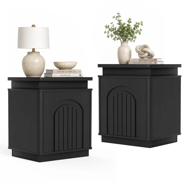 Main image of Two Piece Nightstand Set with Arched Recesses, Storage Cabinets with LED Lighting Ample Storage Space and Magnetic Push