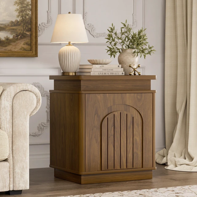 Alt view image 2 of 7 - Two Piece Nightstand Set with Arched Recesses, Storage Cabinets with LED Lighting Ample Storage Space and Magnetic Push