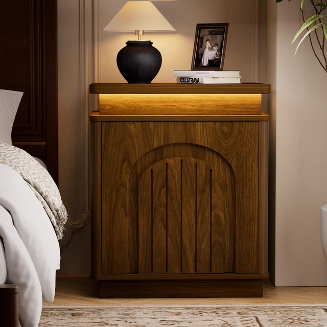 Alt view image 5 of 7 - Two Piece Nightstand Set with Arched Recesses, Storage Cabinets with LED Lighting Ample Storage Space and Magnetic Push