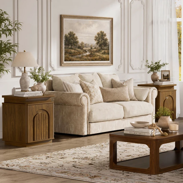 Alt view image 4 of 7 - Two Piece Nightstand Set with Arched Recesses, Storage Cabinets with LED Lighting Ample Storage Space and Magnetic Push