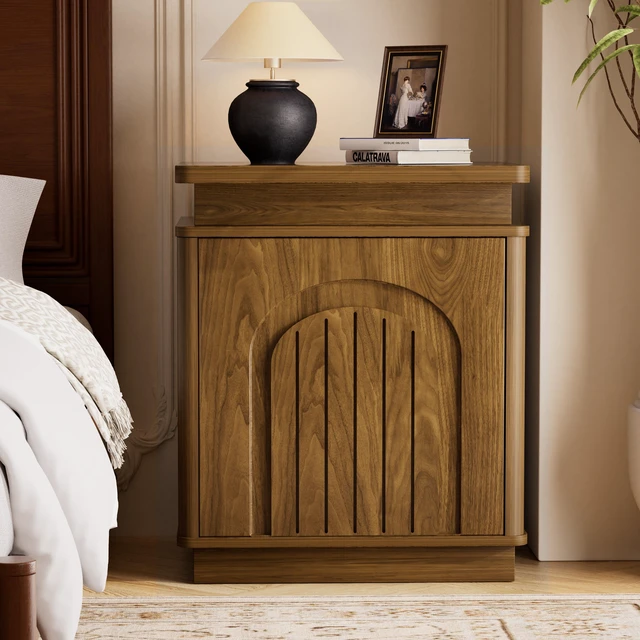 Alt view image 3 of 7 - Two Piece Nightstand Set with Arched Recesses, Storage Cabinets with LED Lighting Ample Storage Space and Magnetic Push