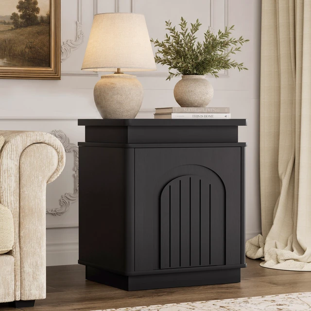 Alt view image 3 of 7 - Two Piece Nightstand Set with Arched Recesses, Storage Cabinets with LED Lighting Ample Storage Space and Magnetic Push
