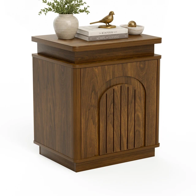 Main image of Bedside Table with Arched Grooves, Side Table with LED Lighting Ample Storage Space and Magnetic Push To-Open Doors