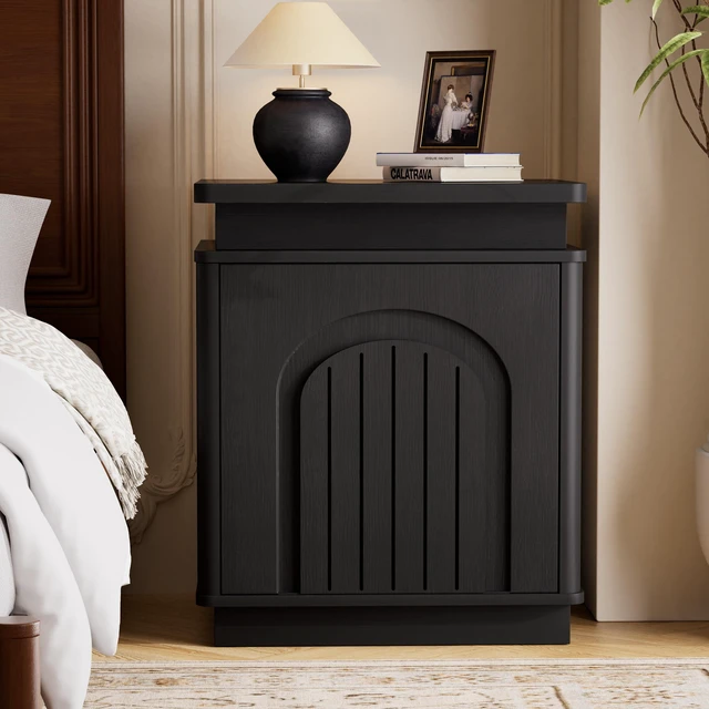 Alt view image 4 of 7 - Two Piece Nightstand Set with Arched Recesses, Storage Cabinets with LED Lighting Ample Storage Space and Magnetic Push