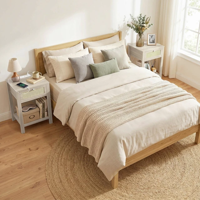 Alt view image 2 of 7 - End Table Set with Charging Station, Bed Side Tables Set with Drawer Open Storage Shelf Rattan Like Drawer Front