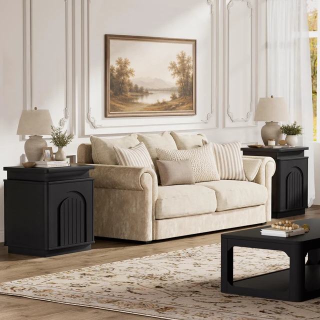 Alt view image 2 of 7 - Two Piece Nightstand Set with Arched Recesses, Storage Cabinets with LED Lighting Ample Storage Space and Magnetic Push