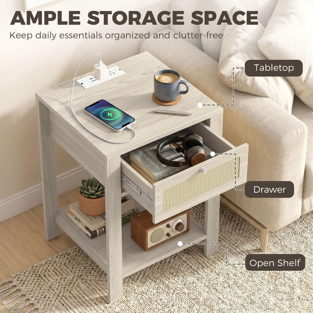 Alt view image 5 of 7 - End Table Set with Charging Station, Bed Side Tables Set with Drawer Open Storage Shelf Rattan Like Drawer Front