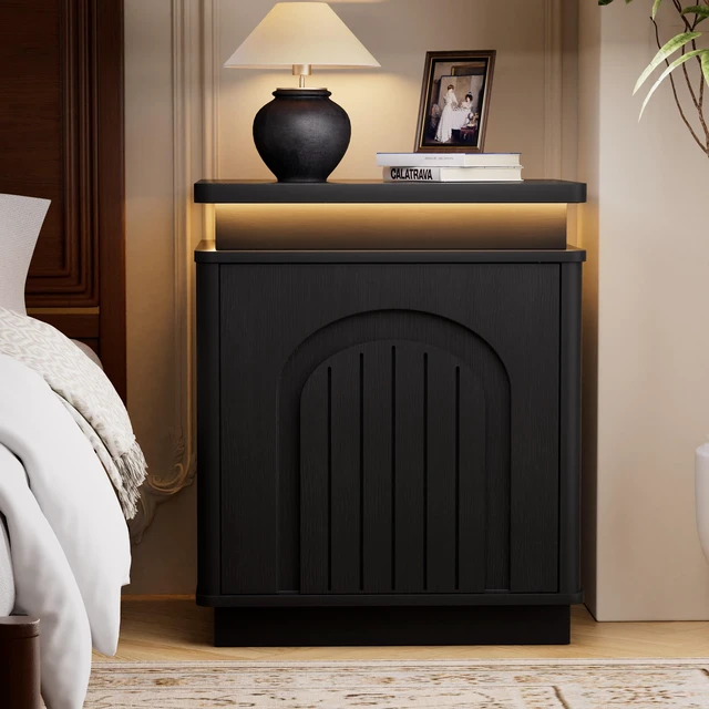 Alt view image 5 of 7 - Two Piece Nightstand Set with Arched Recesses, Storage Cabinets with LED Lighting Ample Storage Space and Magnetic Push