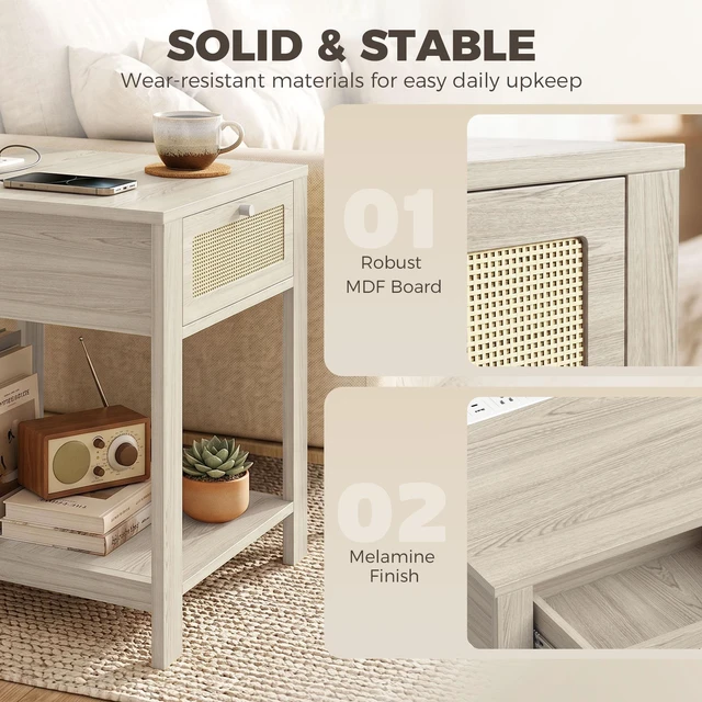 Alt view image 3 of 7 - End Table Set with Charging Station, Bed Side Tables Set with Drawer Open Storage Shelf Rattan Like Drawer Front