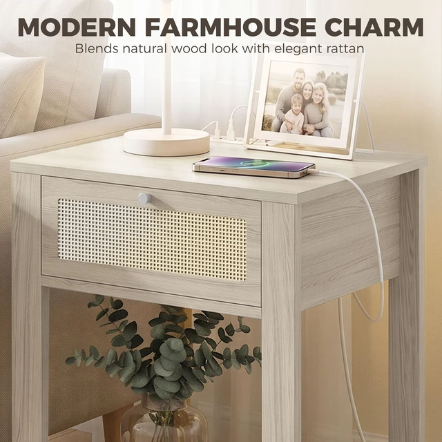 Alt view image 4 of 7 - End Table Set with Charging Station, Bed Side Tables Set with Drawer Open Storage Shelf Rattan Like Drawer Front