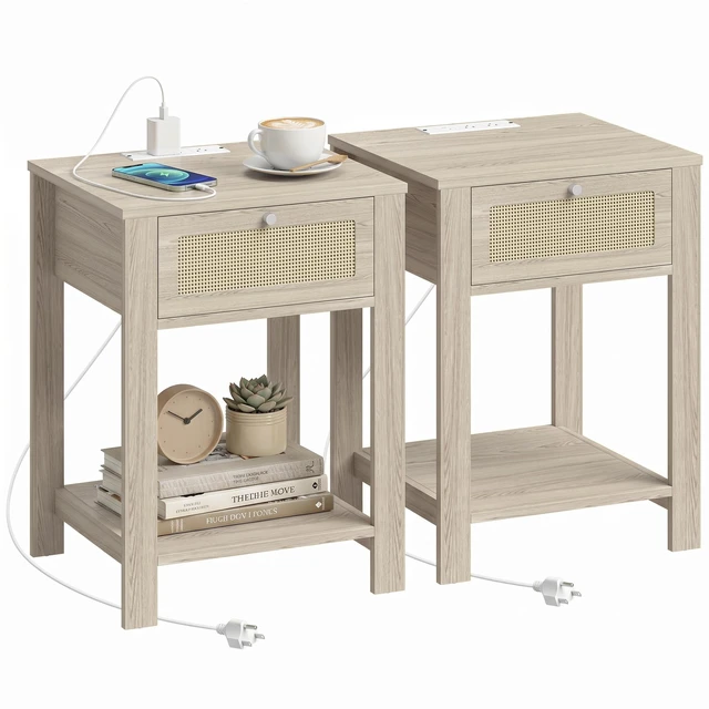 Main image of End Table Set with Charging Station, Bed Side Tables Set with Drawer Open Storage Shelf Rattan Like Drawer Front