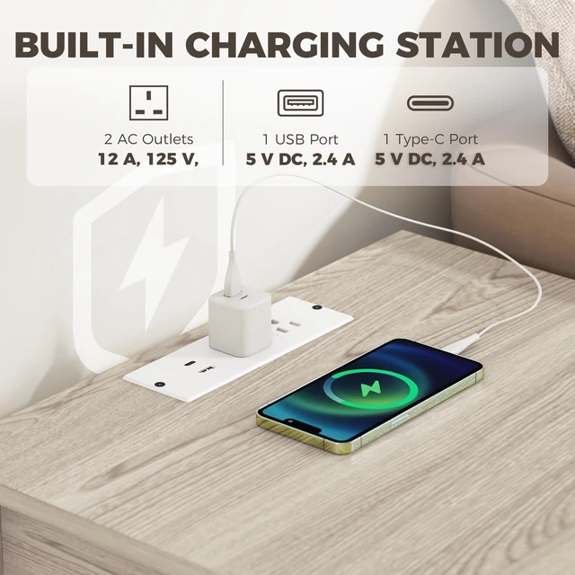Alt view image 6 of 7 - End Table Set with Charging Station, Bed Side Tables Set with Drawer Open Storage Shelf Rattan Like Drawer Front
