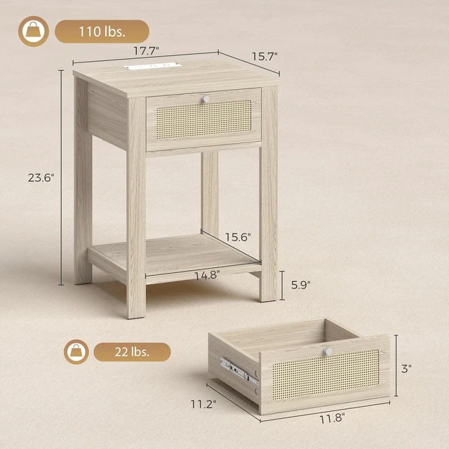 Alt view image 7 of 7 - End Table Set with Charging Station, Bed Side Tables Set with Drawer Open Storage Shelf Rattan Like Drawer Front