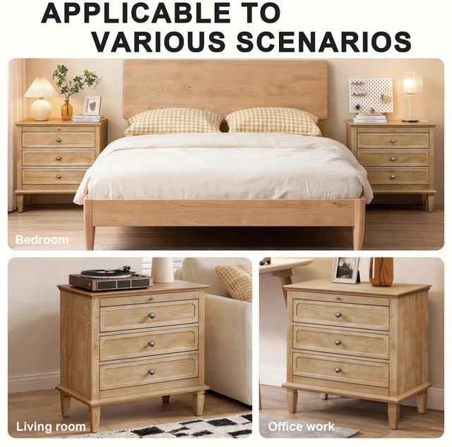 Alt view image 3 of 7 - 3 Drawer Nightstand with Charging Station, Wooden Bedside Chest with USB Type Ports and Power Outlets Storage Cabinet
