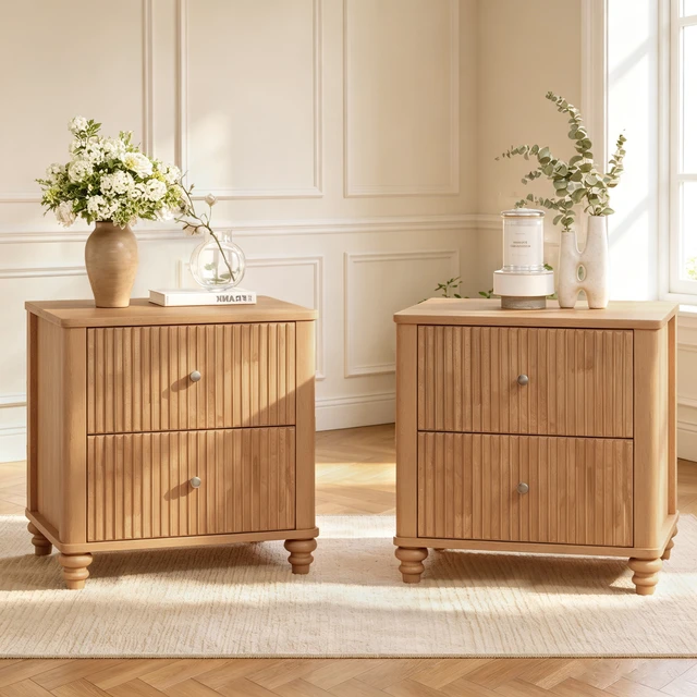 Alt view image 2 of 7 - Eta Fluted Nightstand 2 Piece Set, 21.65 Inch Wide Side Table with 3 Drawers Mid Century Night Stand with Metal Handle