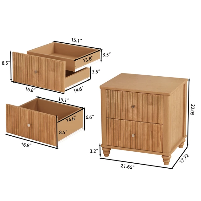 Alt view image 6 of 7 - Eta Fluted Nightstand 2 Piece Set, 21.65 Inch Wide Side Table with 3 Drawers Mid Century Night Stand with Metal Handle