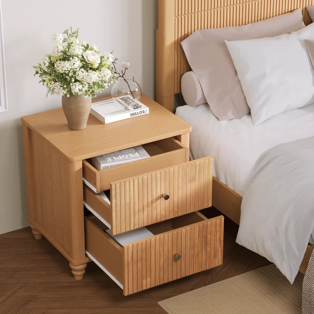 Alt view image 5 of 7 - Eta Fluted Nightstand 2 Piece Set, 21.65 Inch Wide Side Table with 3 Drawers Mid Century Night Stand with Metal Handle