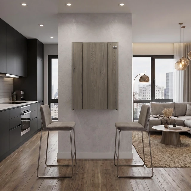 Main image of Wall Foldable Counter Table with Multiple Shelves, Space Saving Design for Kitchen and Dining, Light Gray, Particle