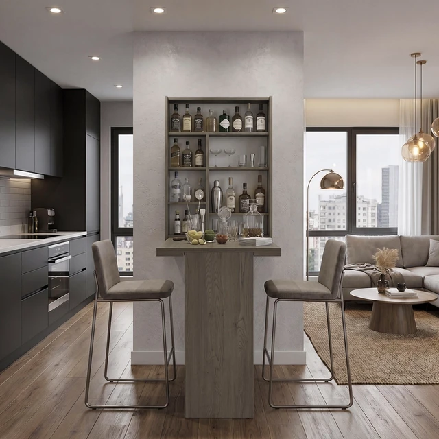 Alt view image 2 of 7 - Wall Foldable Counter Table with Multiple Shelves, Space Saving Design for Kitchen and Dining, Light Gray, Particle