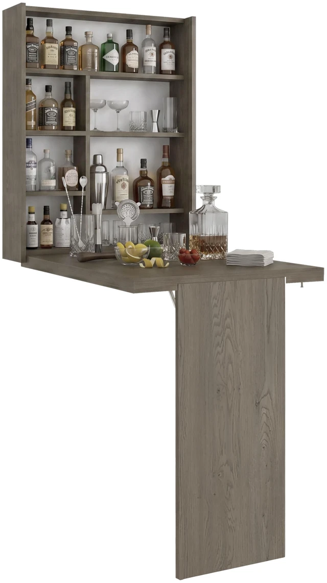 Alt view image 4 of 7 - Wall Foldable Counter Table with Multiple Shelves, Space Saving Design for Kitchen and Dining, Light Gray, Particle