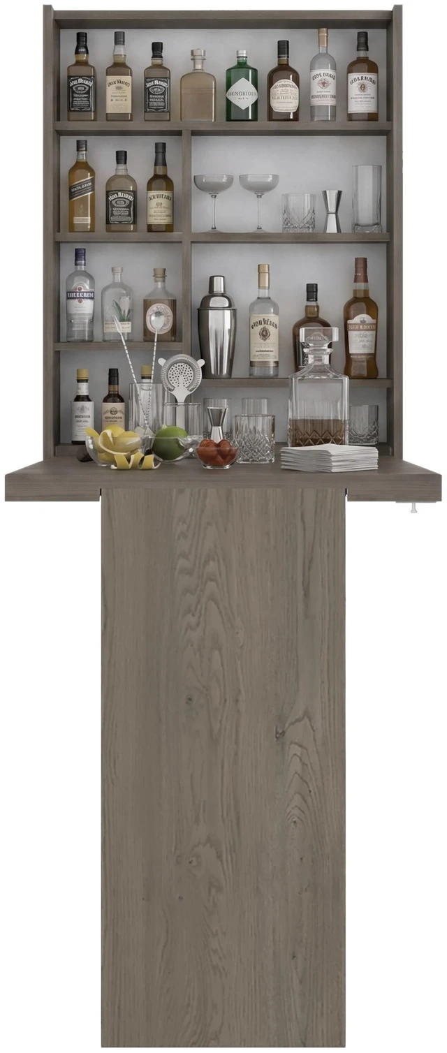Alt view image 7 of 7 - Wall Foldable Counter Table with Multiple Shelves, Space Saving Design for Kitchen and Dining, Light Gray, Particle
