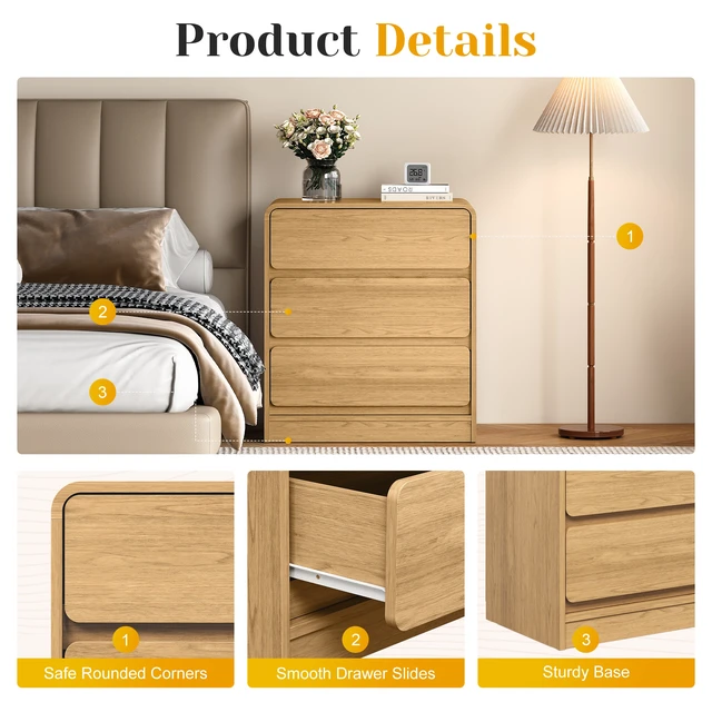 Alt view image 3 of 7 - 3 Drawer Nightstand Set, Wooden Night Stand Cabinet for Living Purpose Side Table Easy Assembly Anti Tip Kit Included