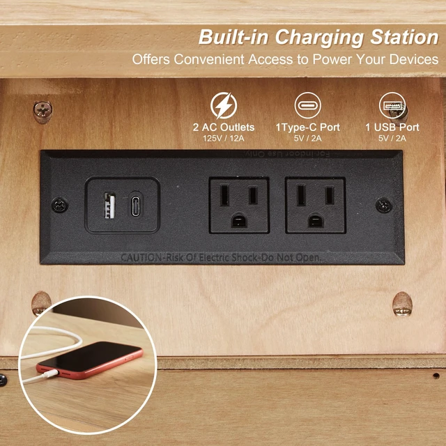 Alt view image 6 of 7 - 3 Drawer Nightstand with Charging Station, Wooden Bedside Chest with USB Type Ports and Power Outlets Storage Cabinet