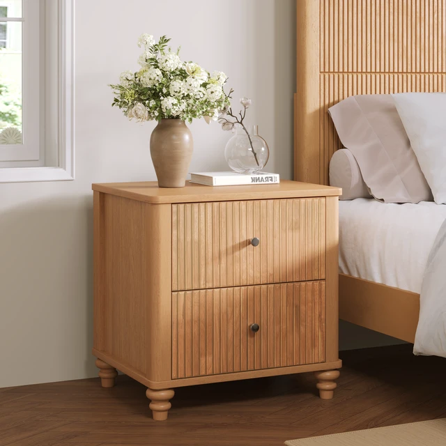Alt view image 3 of 7 - Eta Fluted Nightstand 2 Piece Set, 21.65 Inch Wide Side Table with 3 Drawers Mid Century Night Stand with Metal Handle