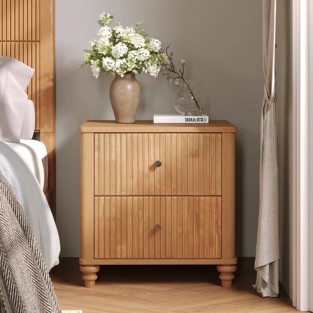 Alt view image 4 of 7 - Eta Fluted Nightstand 2 Piece Set, 21.65 Inch Wide Side Table with 3 Drawers Mid Century Night Stand with Metal Handle