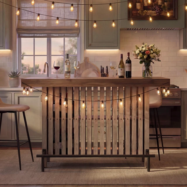Alt view image 2 of 7 - Sideboard Table, Counter Height Table and Bar with Wine Storage Top Wine Cabinet with Footrest and 2 Tier Rack Suitable
