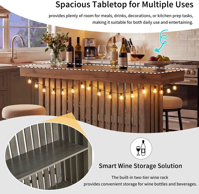 Alt view image 5 of 7 - Sideboard Table, Counter Height Table and Bar with Wine Storage Top Wine Cabinet with Footrest and 2 Tier Rack Suitable