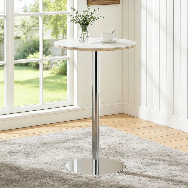 Main image of Rock Slab Circular Tabletop Non Adjustable 39 Inches High Bar Table, Bar Table with Silver Legs and Base, White Silver
