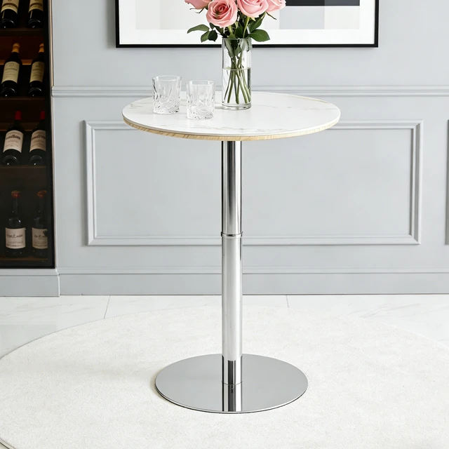 Alt view image 3 of 7 - Rock Slab Circular Tabletop Non Adjustable 39 Inches High Bar Table, Bar Table with Silver Legs and Base, White Silver