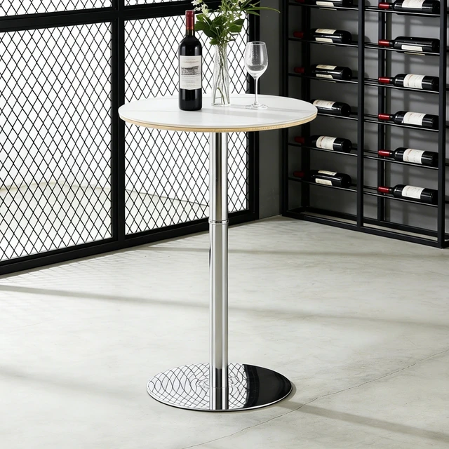 Alt view image 2 of 7 - Rock Slab Circular Tabletop Non Adjustable 39 Inches High Bar Table, Bar Table with Silver Legs and Base, White Silver