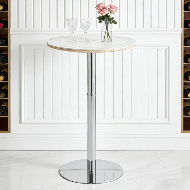 Alt view image 4 of 7 - Rock Slab Circular Tabletop Non Adjustable 39 Inches High Bar Table, Bar Table with Silver Legs and Base, White Silver