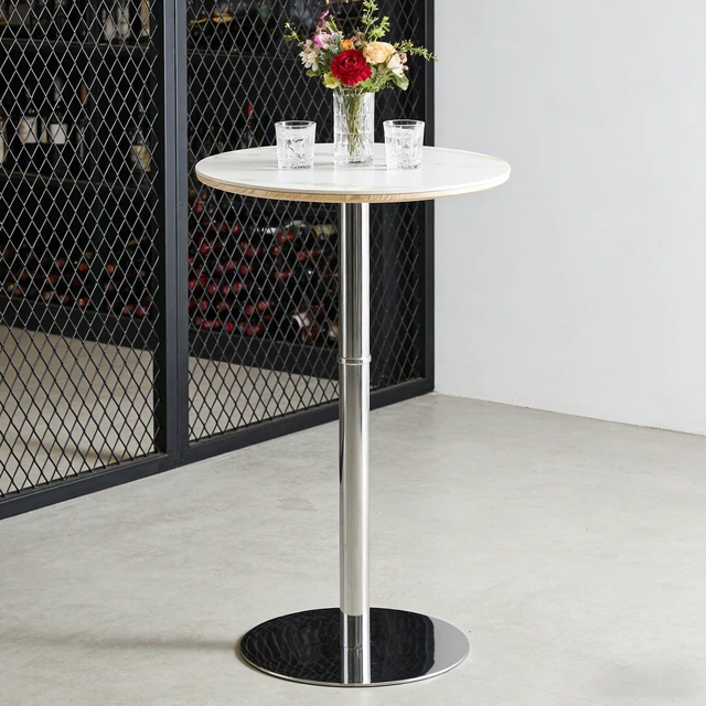 Alt view image 5 of 7 - Rock Slab Circular Tabletop Non Adjustable 39 Inches High Bar Table, Bar Table with Silver Legs and Base, White Silver