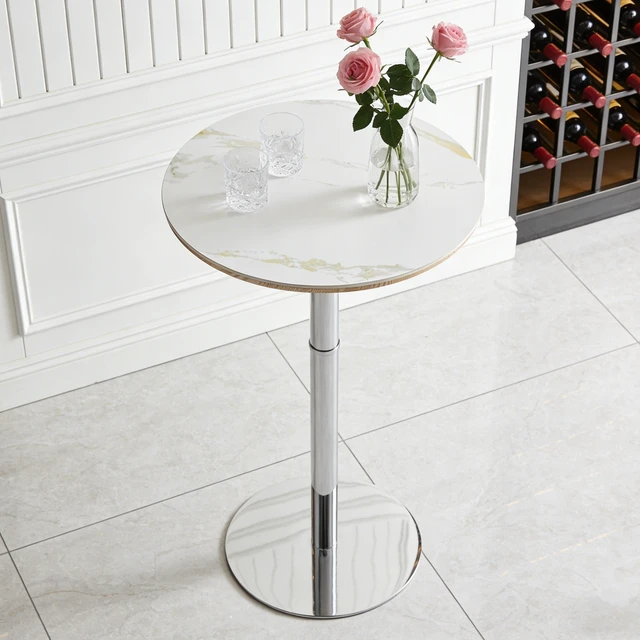 Alt view image 7 of 7 - Rock Slab Circular Tabletop Non Adjustable 39 Inches High Bar Table, Bar Table with Silver Legs and Base, White Silver