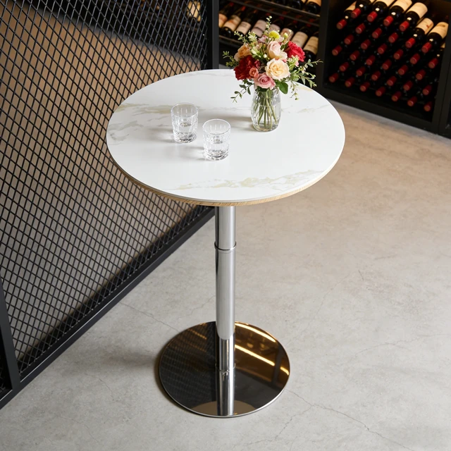 Alt view image 6 of 7 - Rock Slab Circular Tabletop Non Adjustable 39 Inches High Bar Table, Bar Table with Silver Legs and Base, White Silver