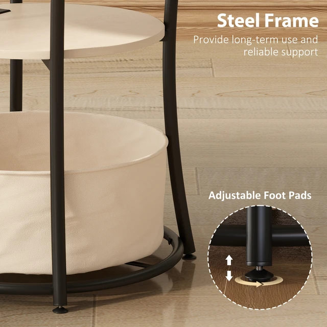 Alt view image 2 of 7 - Round Side Table with Charging Station, 3 Tier End Table with Fabric Storage Bag Shelf and Steel Frame for Living